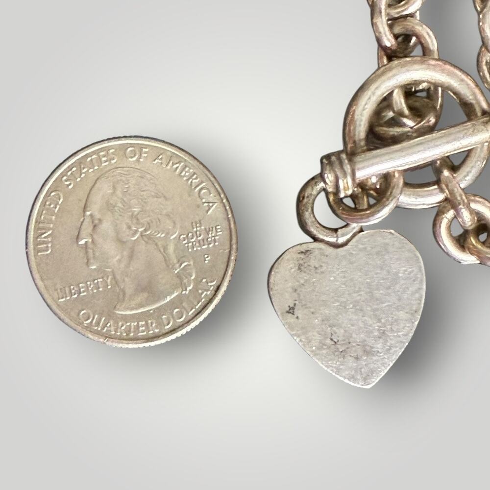 Solid Sterling Silver 925 Toggle Front Clasp Bald Heart Charm Bracelet 34.2g - Picture 5 of 6